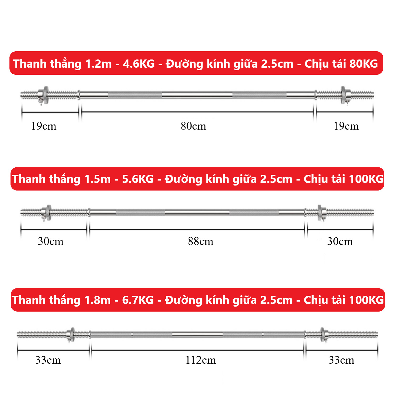 Thanh đòn tạ thẳng, chất liệu thép mạ inox 1.2m hoặc 1.5m + 2 chốt khóa (phi 25)