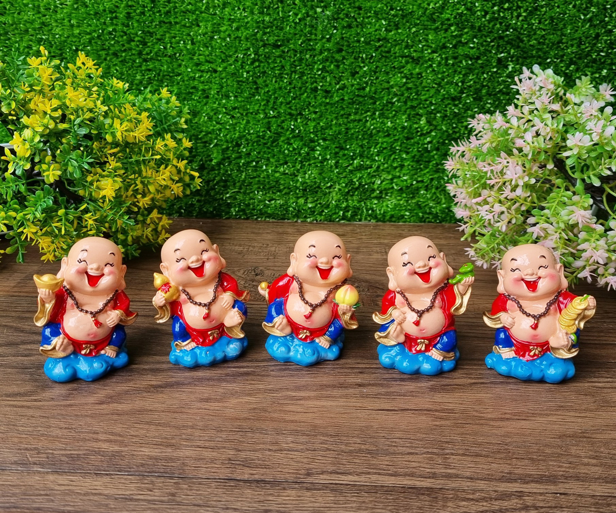 Bộ 05 tượng Di Lặc 7cm kèm chân đế Tài Lộc Phát - Ngũ Phúc Lâm Môn