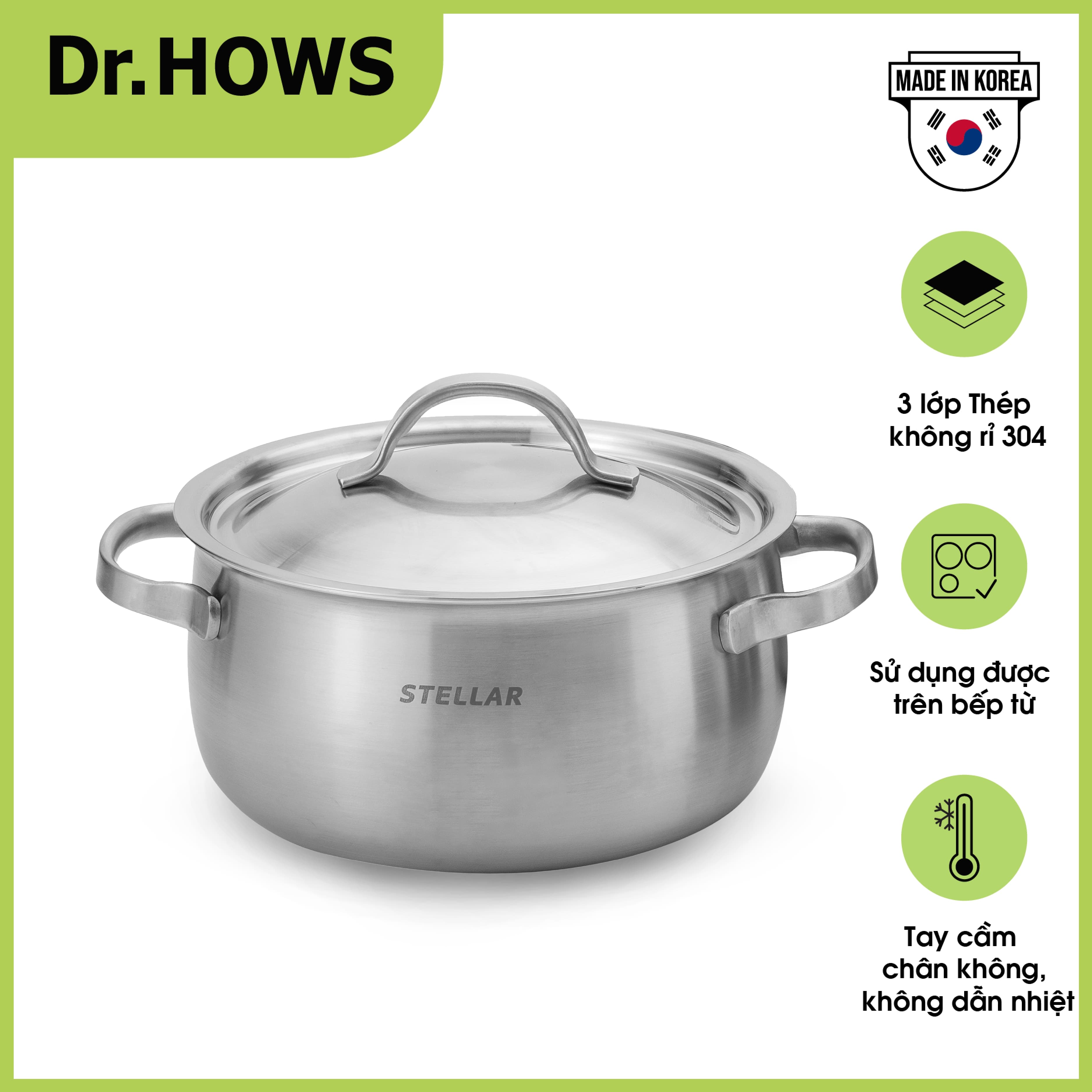 Bộ nồi nấu 03 nồi Inox 3 lớp Dr.Hows Stella Casserole 16-20-24cm