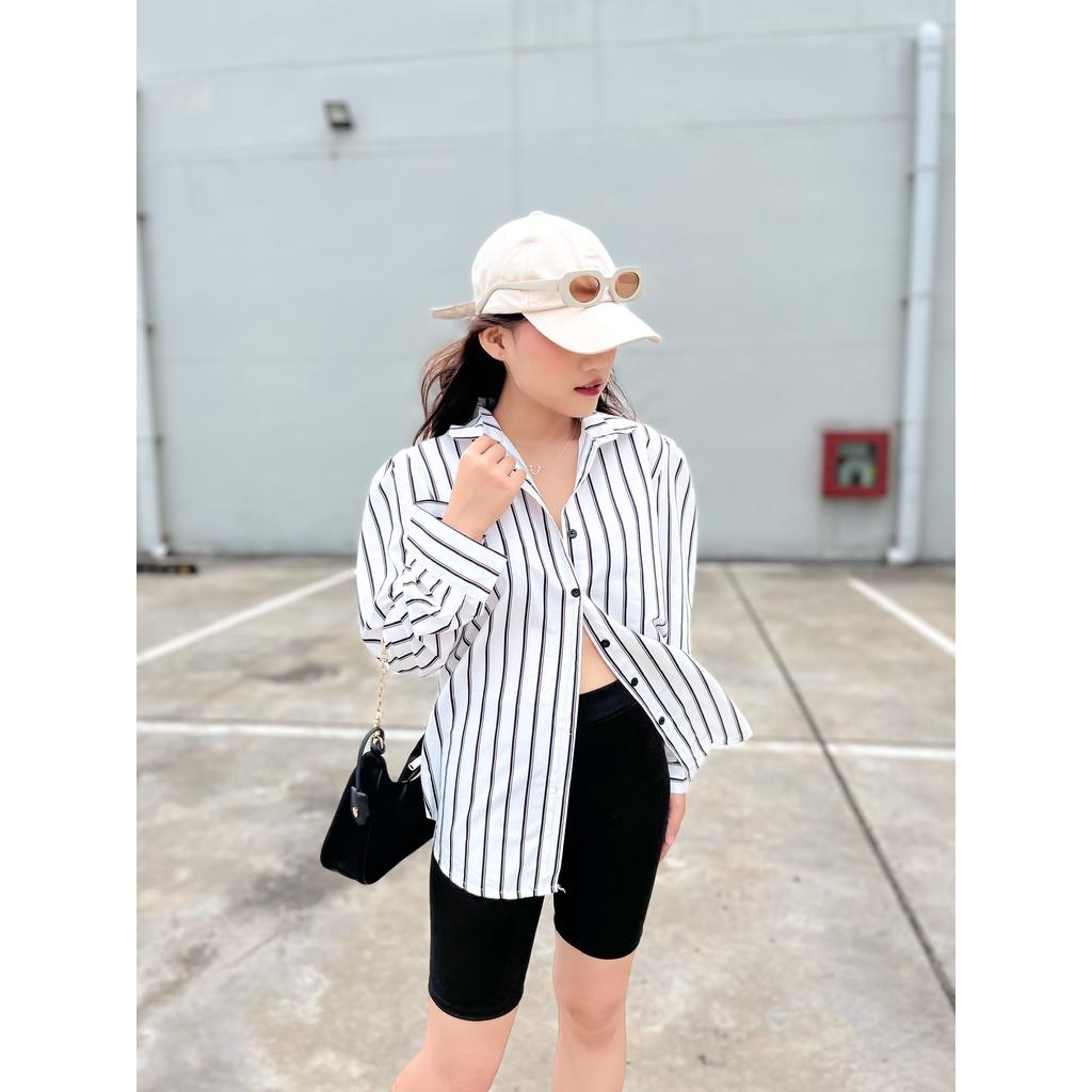 Aó sơ mi trắng kẻ sọc, áo sơ mi tay dài dáng rộng oversize cho nữ, dễ phối đồ