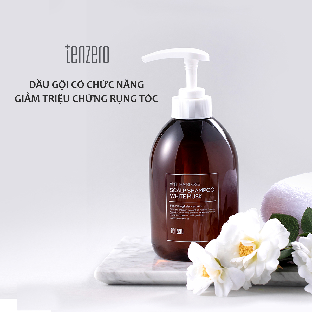 Dầu gội giảm rụng tóc, phục hồi hư tổn mùi Xạ Hương Trắng TENZERO Anti Hairloss Scalp Shampoo White Musk 500ml