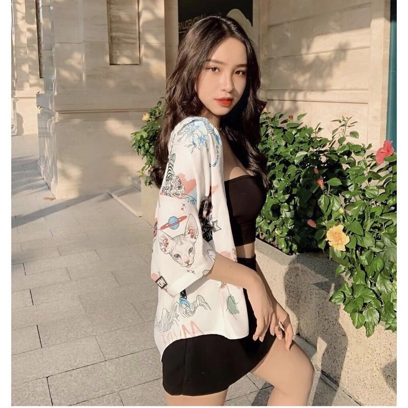 Áo Sơ Mi Họa Tiết CRAYON CAT Tay Ngắn Cổ Vest Nam Nữ Unisex Vải Lụa Chéo
