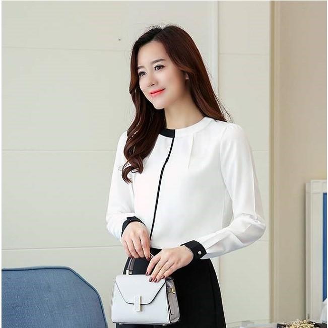 Áo sơ mi nữ cổ tròn màu trắng, công sở nữ tay dài màu trắng công sở dáng suông, chống nhăn chống xù
