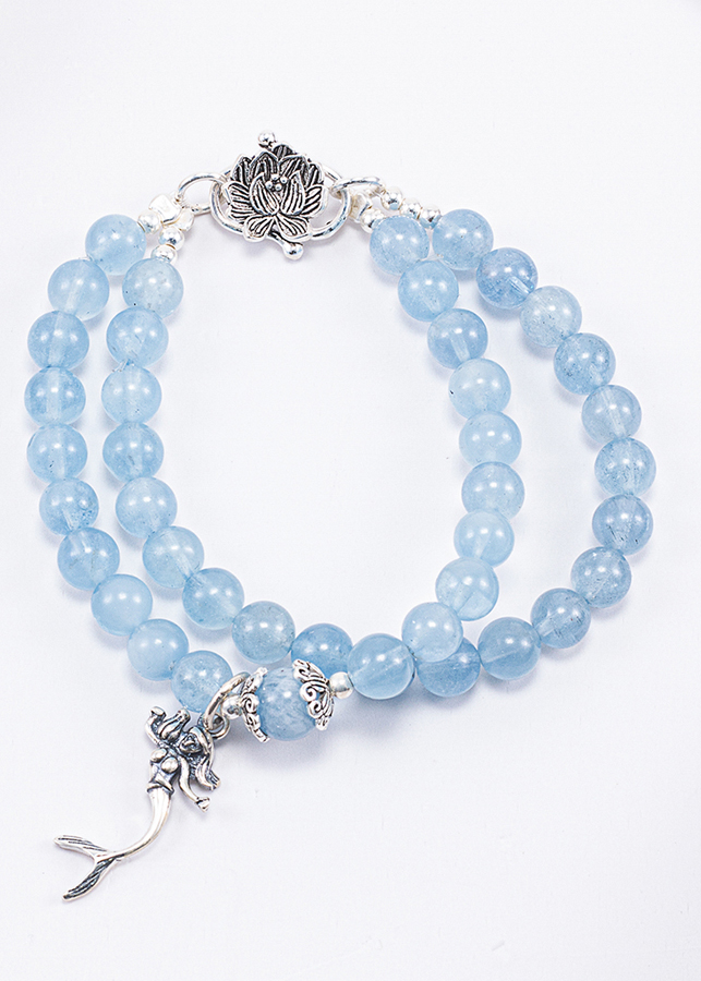 Vòng Chuỗi Hạt Đeo Tay 2 Lines Đá Hải Lam Ngọc Phối Charm Tiên Cá Bạc (6mm) mệnh Thủy, Mộc Ngọc Quý Gemstones
