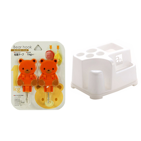 Combo 2 móc dán hình gấu + giá cắm bàn chải, kem đánh răng nội địa Nhật Bản