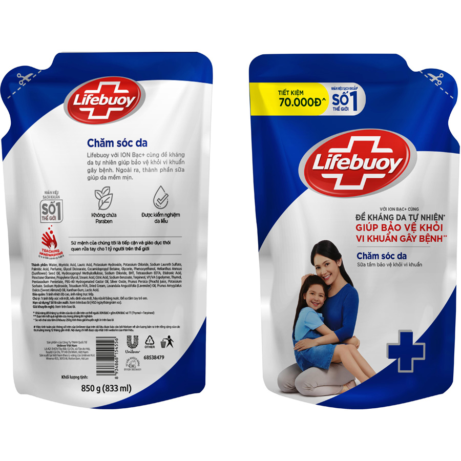 Sữa Tắm Lifebuoy Sạch Khuẩn Chăm Sóc Da Ngăn Ngừa Vi Khuẩn Lây Lan Với Ion Bạc+ Hỗ Trợ Cùng Đề Kháng Da Tự Nhiên Túi 800G