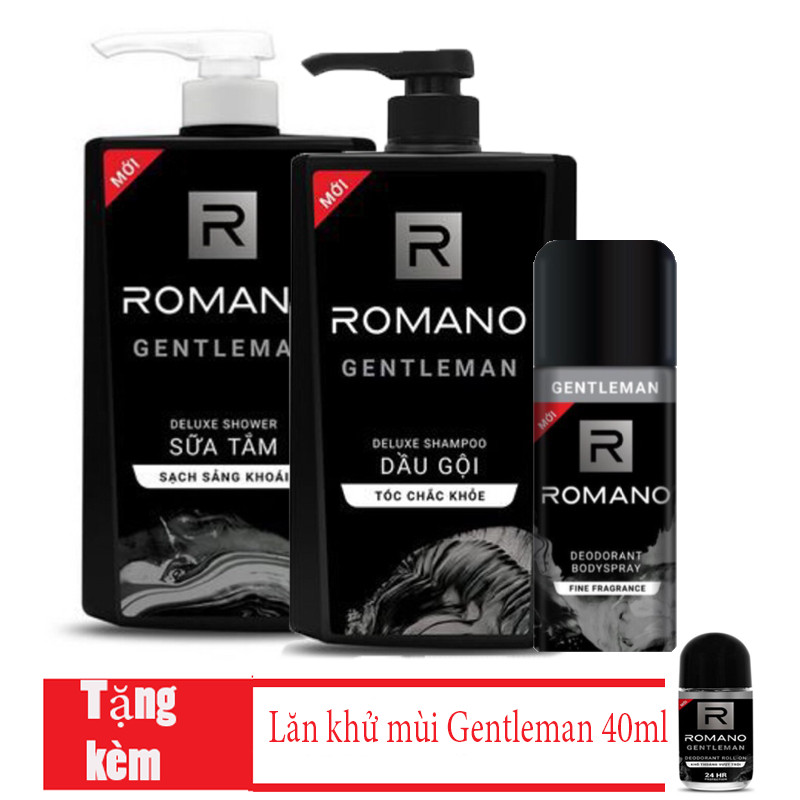 Combo Romano Gentleman : Dầu gội 650g, sữa tắm 650g, xịt khử mùi 150ml+ Tặng kèm lăn khử mùi 40ml