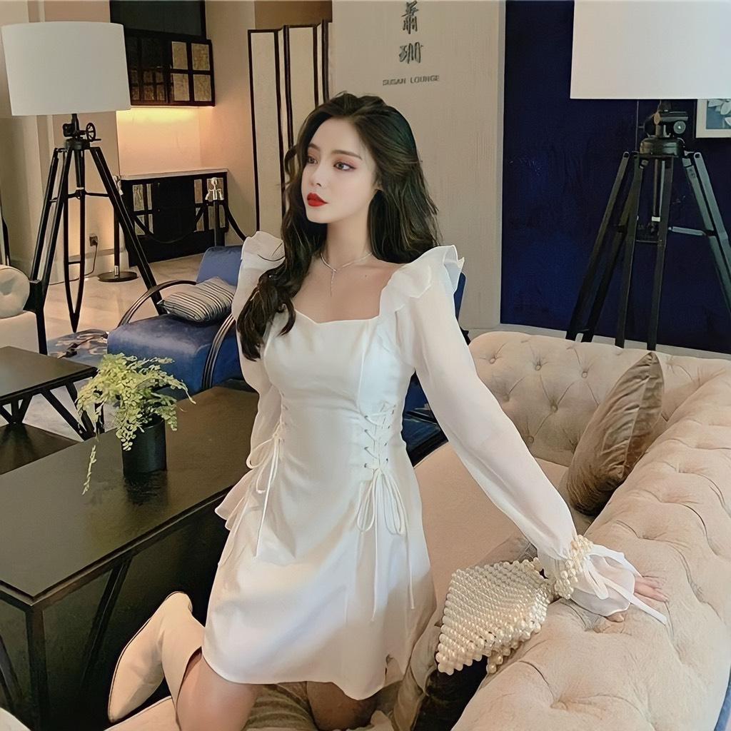 Đầm xòe cổ vuông đan eo dài tay