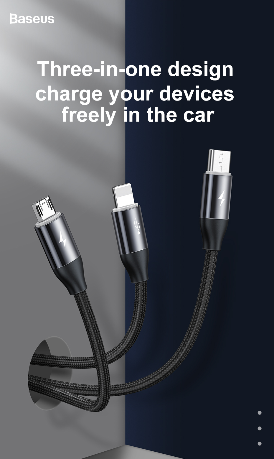 Cáp sạc nhanh 3 đầu Baseus Car Co-sharing (Lightning + Micro USB + Type-C) dài 1M - Hàng chính hãng