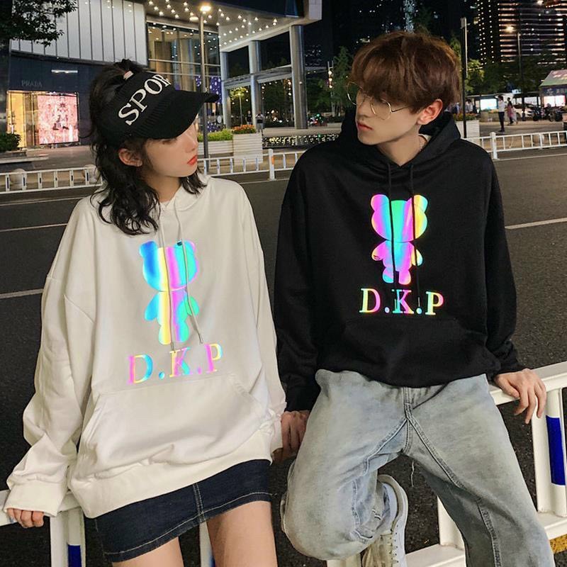 áo hodie gấu dkp phản quang 7 màu, Áo khoác Hoodie phản quang 7 màu DKP form dưới 70kg decan in xịn, Áo khoác nỉ phản quang gấu DKP unisex dáng rộng ulzzang quảng châu phong cách hàn quốc