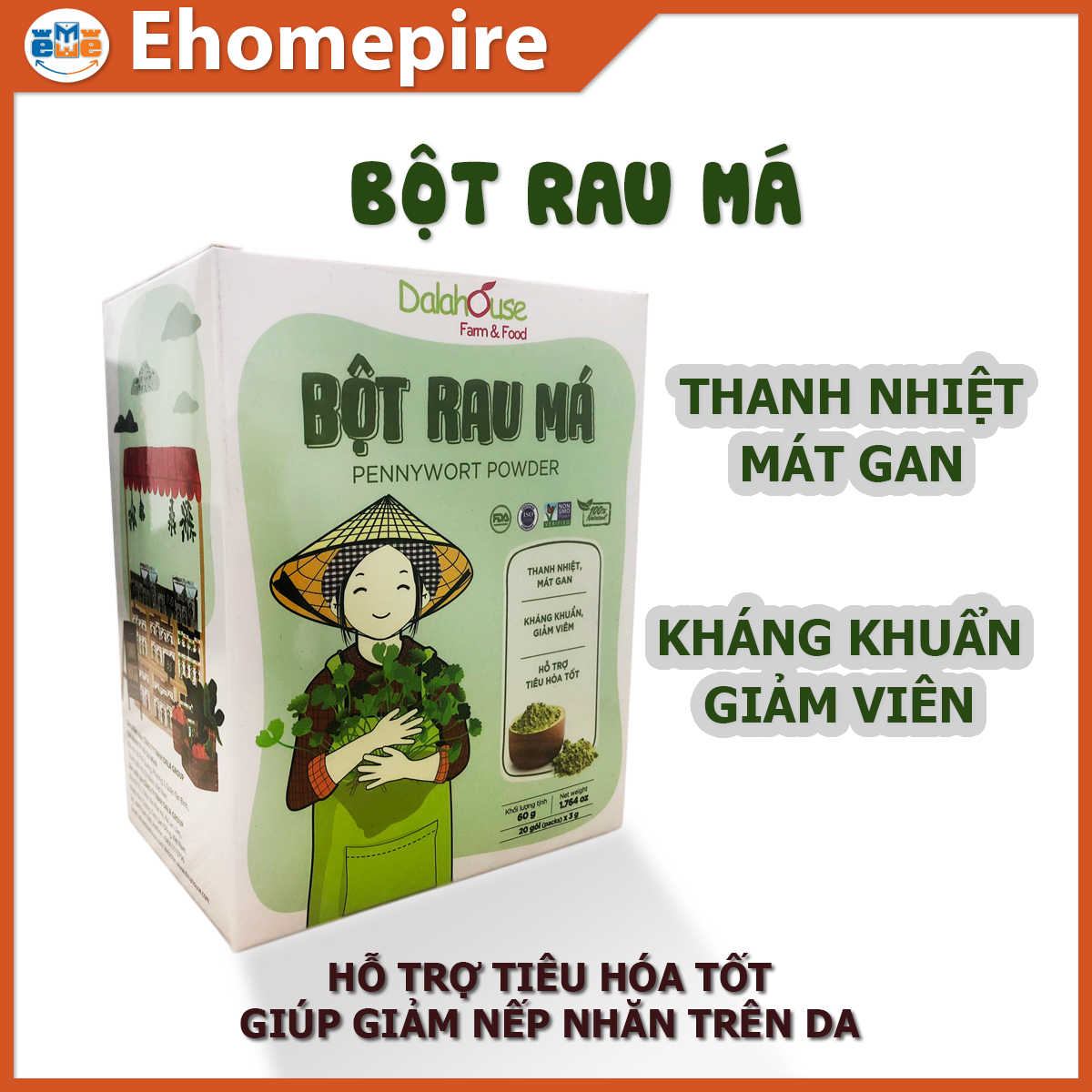 Bột Rau Má Dalahouse - (Hộp 20 Gói x 3gr) – 1 Gói Tiện Lợi Cho 1 Lần Uống – Giúp Giảm Huyết Áp, Giải Độc Mát Gan Hiệu Quả