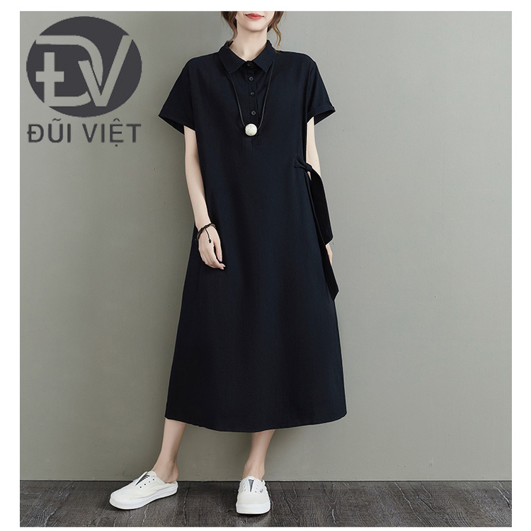 Đầm váy linen nữ cổ polo, Váy sơ mi nữ trơn dáng suông dài, có đai buộc eo, không kén dáng mặc Đũi Việt