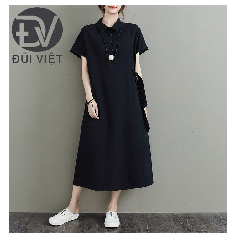 Váy sơ mi cộc tay dáng dài, Váy linen cao cấp che khuyết điểm tôn dáng Đũi Việt DVDA61