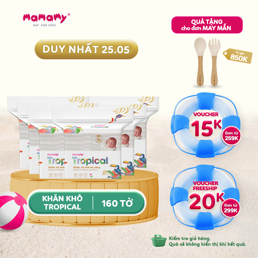 Combo 6 túi khăn khô 100% sợi tự nhiên &amp; rayon Mamamy Tropical 160 tờ