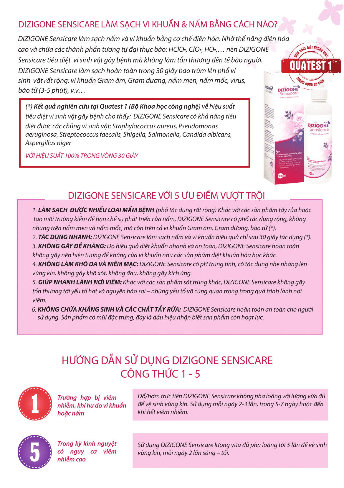 COMBO 2 Dung dịch vệ sịnh phụ nữ DIZIGONE Sensicare 300ml: Hết nấm ngứa, giảm khí hư, khử mùi hôi