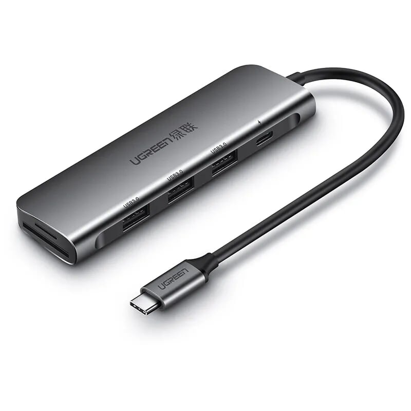 Cáp chuyển đổi USB Type-C Sang 3 cổng USB 3.0 + SD/TF Card Reader + USB-C power port PD dài 15cm màu Xám Ugreen TC50598CM195 Hàng chính hãng.