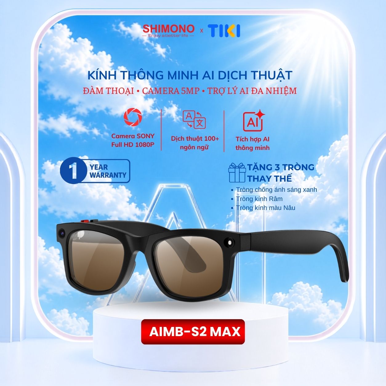 Kính Thông Minh AI Dịch Thuật SHIMONO AIMB-S2 Max Trợ lý AI, Bluetooth Đàm Thoại, Camera 5MP Sắc Nét Hàng Chính Hãng