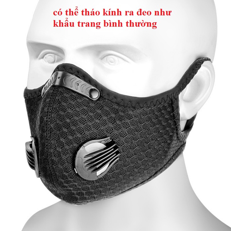 Mặt nạ thể thao [Bộ gồm Khẩu trang vải Nano có 2 van thở kèm Kính che mặt