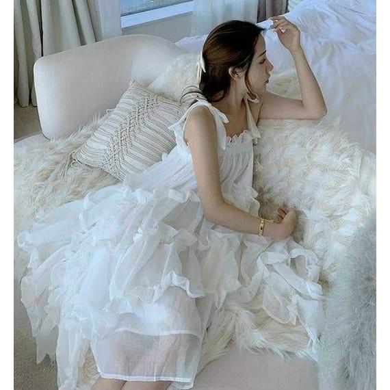 Đầm váy Maxi voan nhún bèo 2s cột nơ xinh xắn