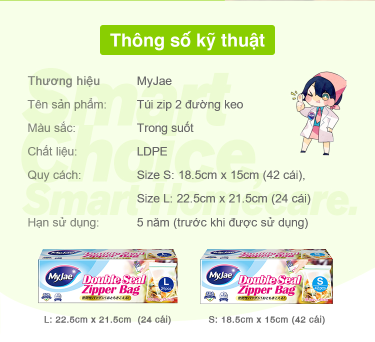 (Chọn Size) Túi Zip PE Trong Suốt 2 Đường Kéo MyJae, Túi Bọc Đồ Ăn, Rau Củ Bảo Quản Trong Tủ Lạnh