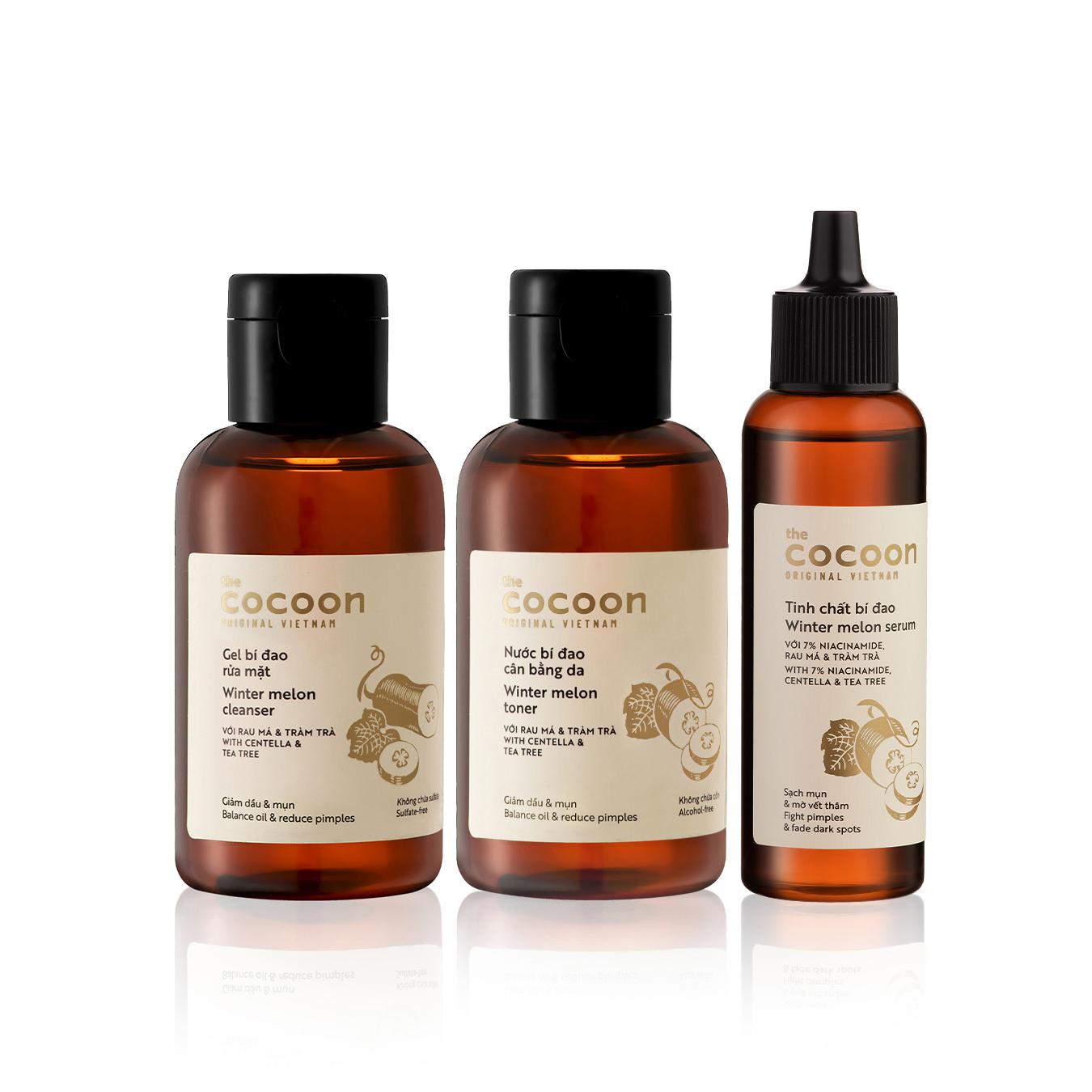 Combo Chăm sóc da mụn cơ bản Cocoon: Gel bí đao rửa mặt Cocoon 140ml + Nước bí đao cân bằng da Cocoon 140ml + Tinh chất bí đao Cocoon 70ml