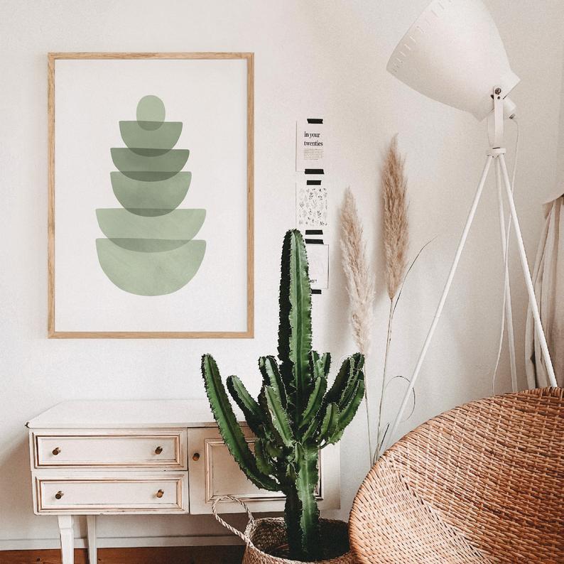 Tranh treo tường | Tranh trừu tượng - Abstract mint green bowls digital art print, Modern minimal shapes poster