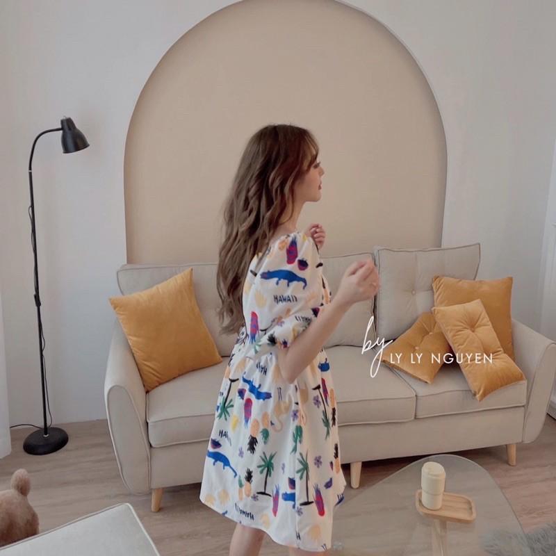 Đầm Babydoll Nữ Tay Bồng Cổ Vuông Họa Tiết Zoo Mùa Hè Váy Nữ Ngắn Tay Dáng Xòe Công Chúa Đáng Yêu