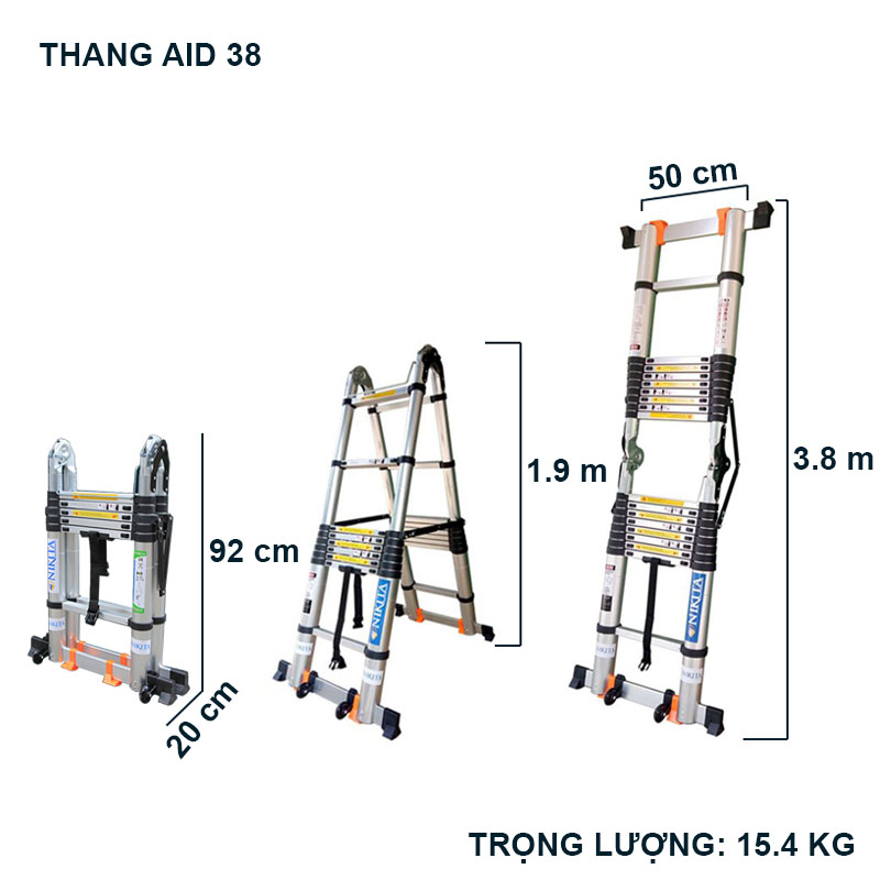 [HOT] Thang nhôm rút đôi có bánh xe di chuyển tiện lợi, thanh giằn gia cố, khóa thang 2 lớp - NIKITA