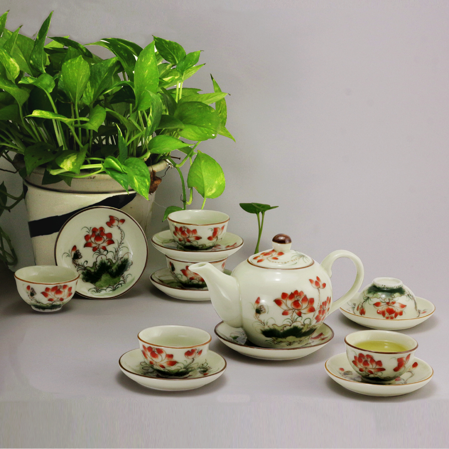 Bộ ấm chén men kem hoa sen đỏ gốm sứ Bảo Khánh Bát Tràng (bộ bình uống trà, bình trà)