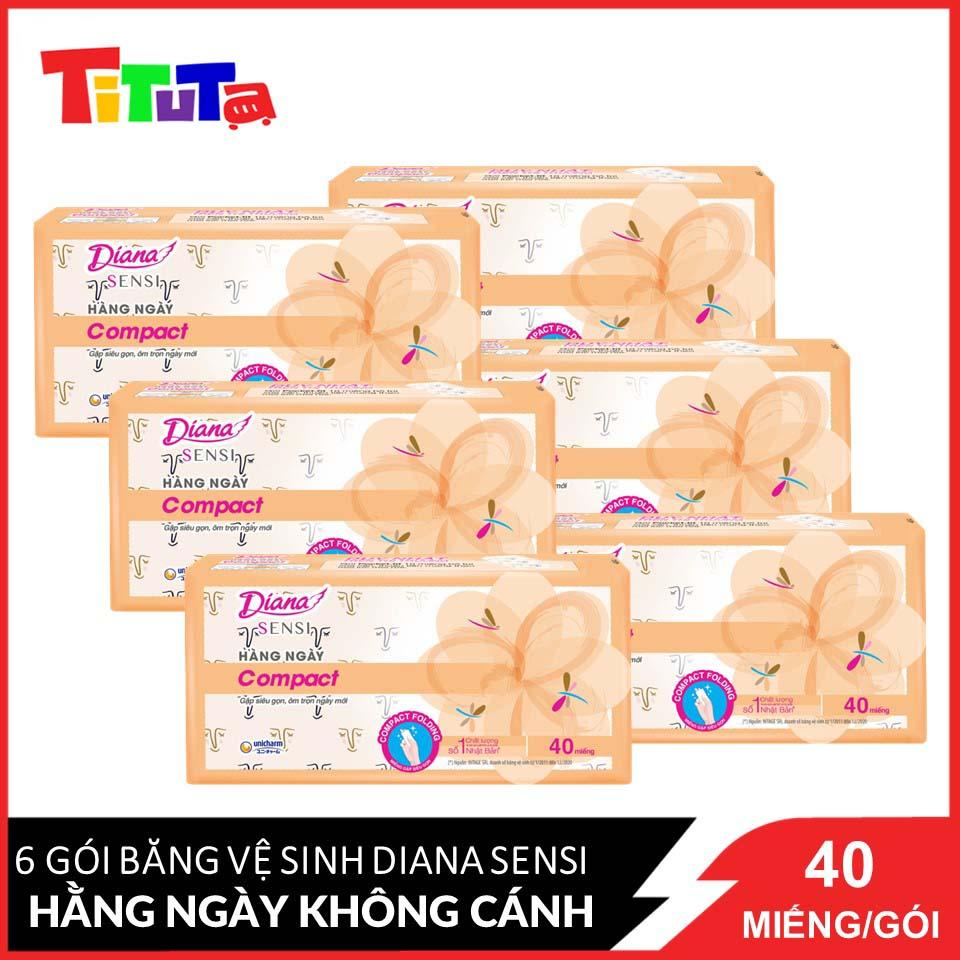 Combo 6 Băng vệ sinh Diana Sensi hàng ngày không cánh Compact 40 miếng/gói x6