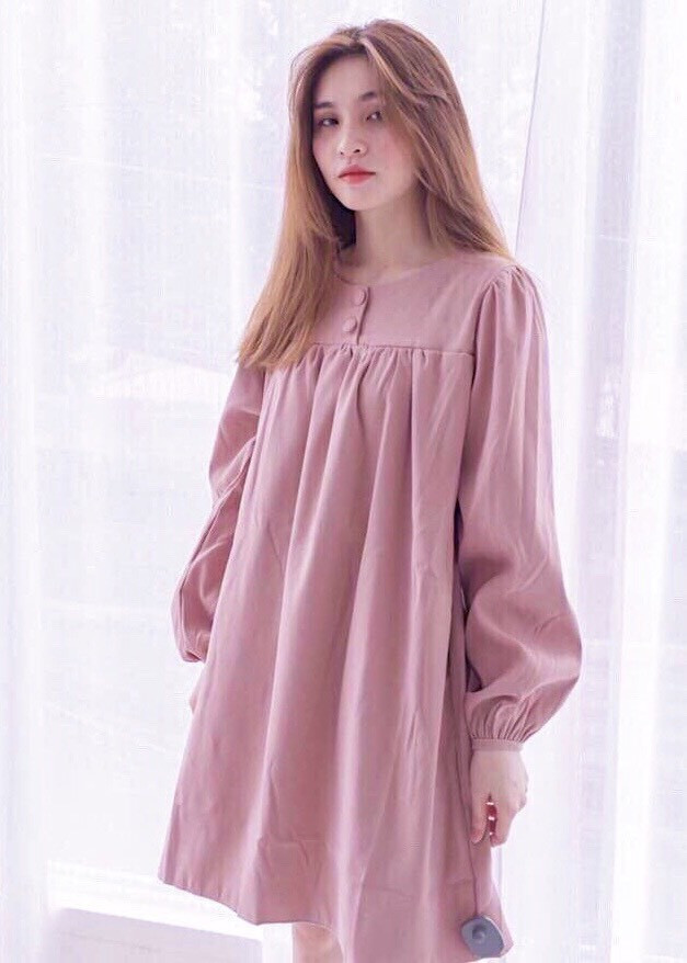 Đầm mila hồng suông nút bọc