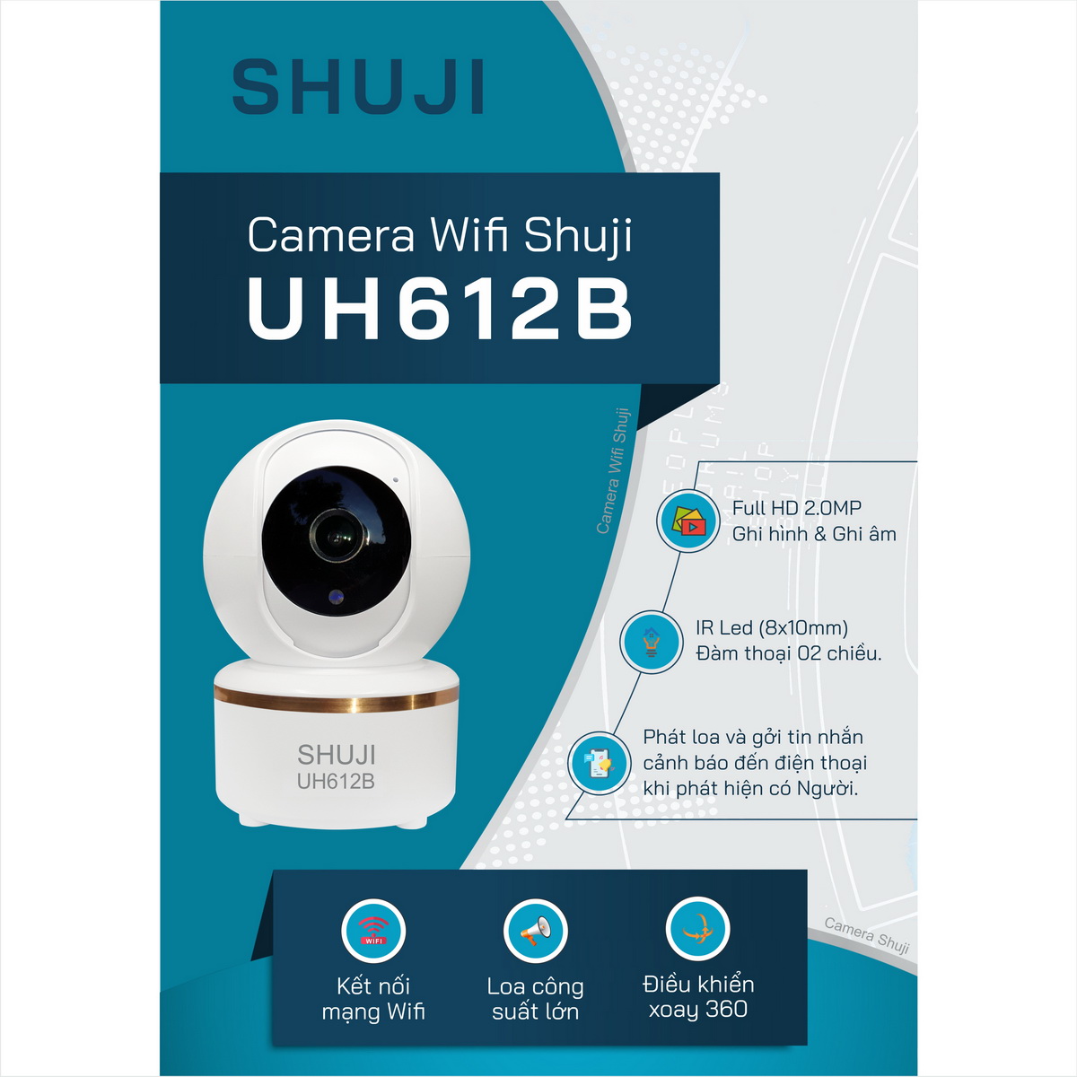 Camera Wifi không dây SHUJI UH612B - Xoay 360 độ - Báo động khi có trộm - Đàm thoại 2 chiều - Hàng chính hãng, Nhập khẩu chính thức bởi Cty TNHH Shuji (Việt Nam)