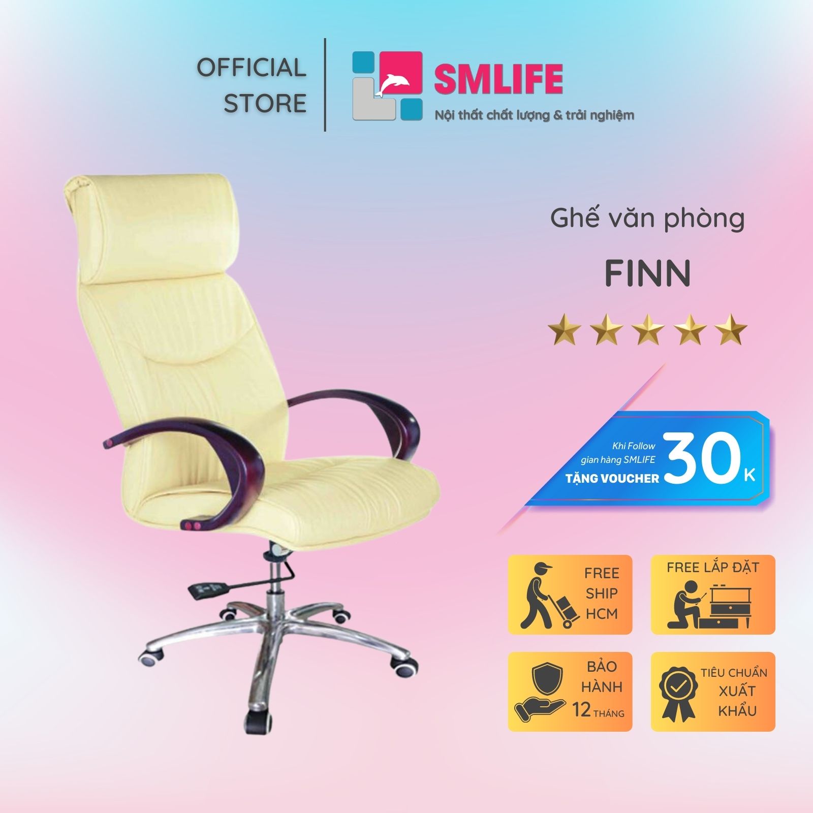 Ghế văn phòng chân xoay lưng cao bọc PU SMLIFE Finn