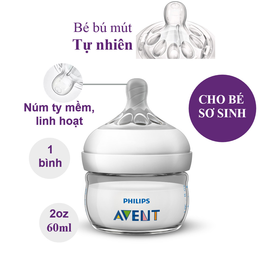 Bình sữa mô phỏng tự nhiên hiệu Philips Avent (60 ml - đơn) cho trẻ từ 0 tháng tuổi SCF039.17