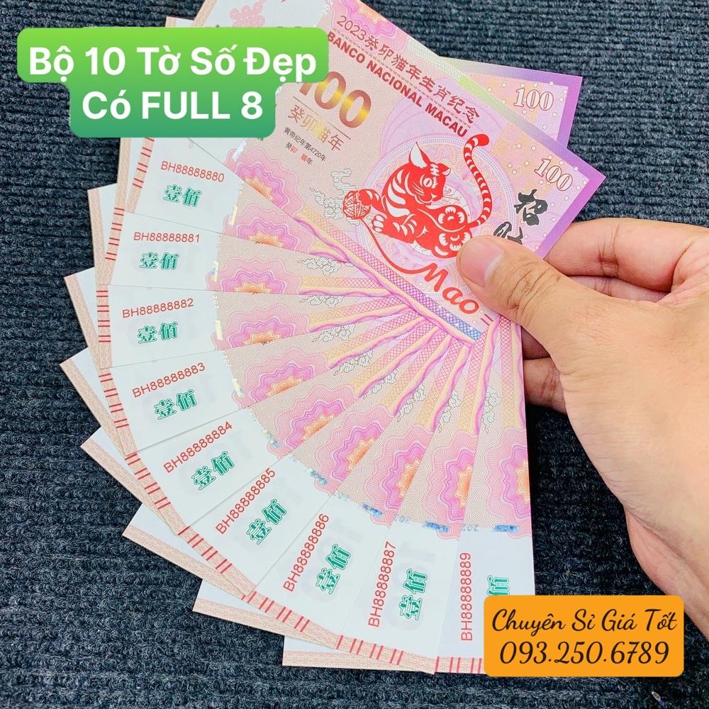 Bộ 10 Tờ Số Đẹp, có Full 8 - Tiền phong thủy hình Mèo Macao 100 kèm bao lì xì Tết 2023