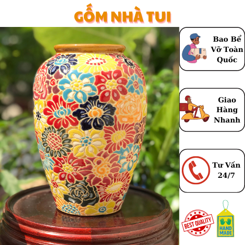 Bình Bông Gốm Sứ Bách Hoa, Dây Lá, Gốm Mỹ Nghệ Nam Bộ, Cao 22cm Cắm Hoa Trang Trí Decor