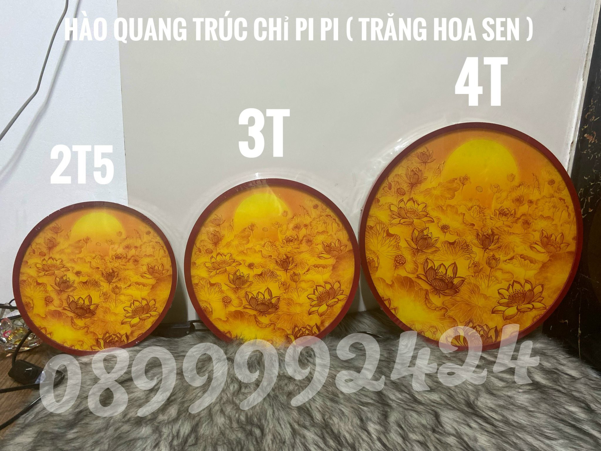 ĐÈN THỜ LED HÀO QUANG TRÚC CHỈ PIPI, TRANH TRÚC CHỈ NỀN VÀNG CÓ DIMMER ĐIỀU CHỈNH ÁNH SÁNG HÌNH HOA SEN 25CM, 30 CM , 40CM