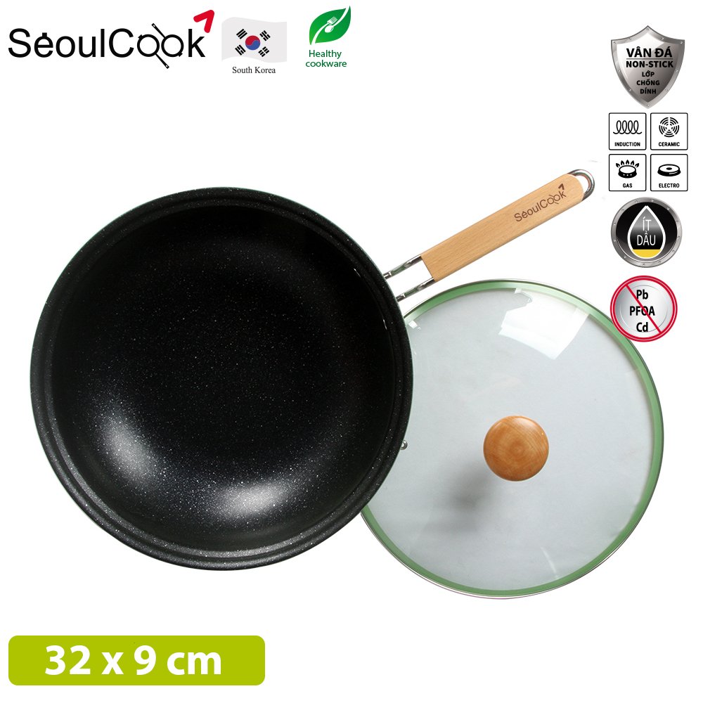 Seoulcook Luxury – Chảo sâu lòng 32cm đáy từ / Induction cao cấp Hàn Quốc, chống dính vân đá an toàn cho sức khỏe, dùng được tất cả các loại bếp – Hàng chính hãng