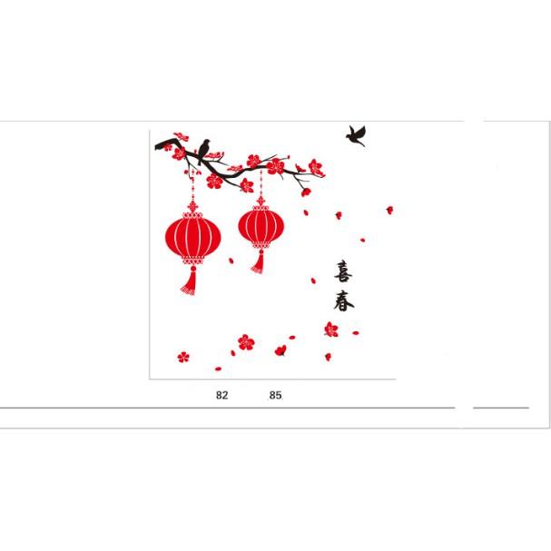 Decal trang trí Tết - Cành Mai đào đỏ và 2 Lồng Đèn trong gió