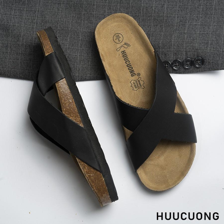 Dép unisex HuuCuong quai chéo da bò đen đế trấu