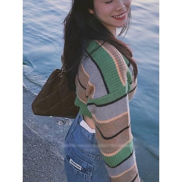 [L2M] Áo len nữ Montoghi dệt kim cổ tròn TAY DÀI dáng CROPTOP kẻ sọc xanh loại 1 phong cách Hàn Quốc cá tính