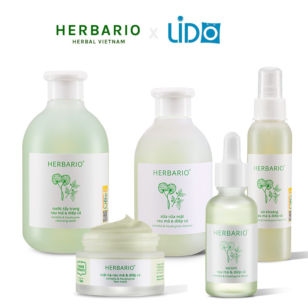 Hình ảnh Bộ 5 cho da dầu, mụn từ rau má & diếp cá Herbario: Nước tẩy trang 300ml + Sữa rửa mặt 200ml + Xịt khoáng 100ml + Serum 30ml + Mặt nạ 30ml