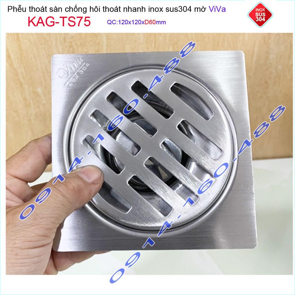 Phễu thoát sàn Viva KAG-TS75 12x12cm D60, phễu thoát sàn SUS304 đúc liền khối sales 40%, hố ga chống hôi inox 304 dày 1.