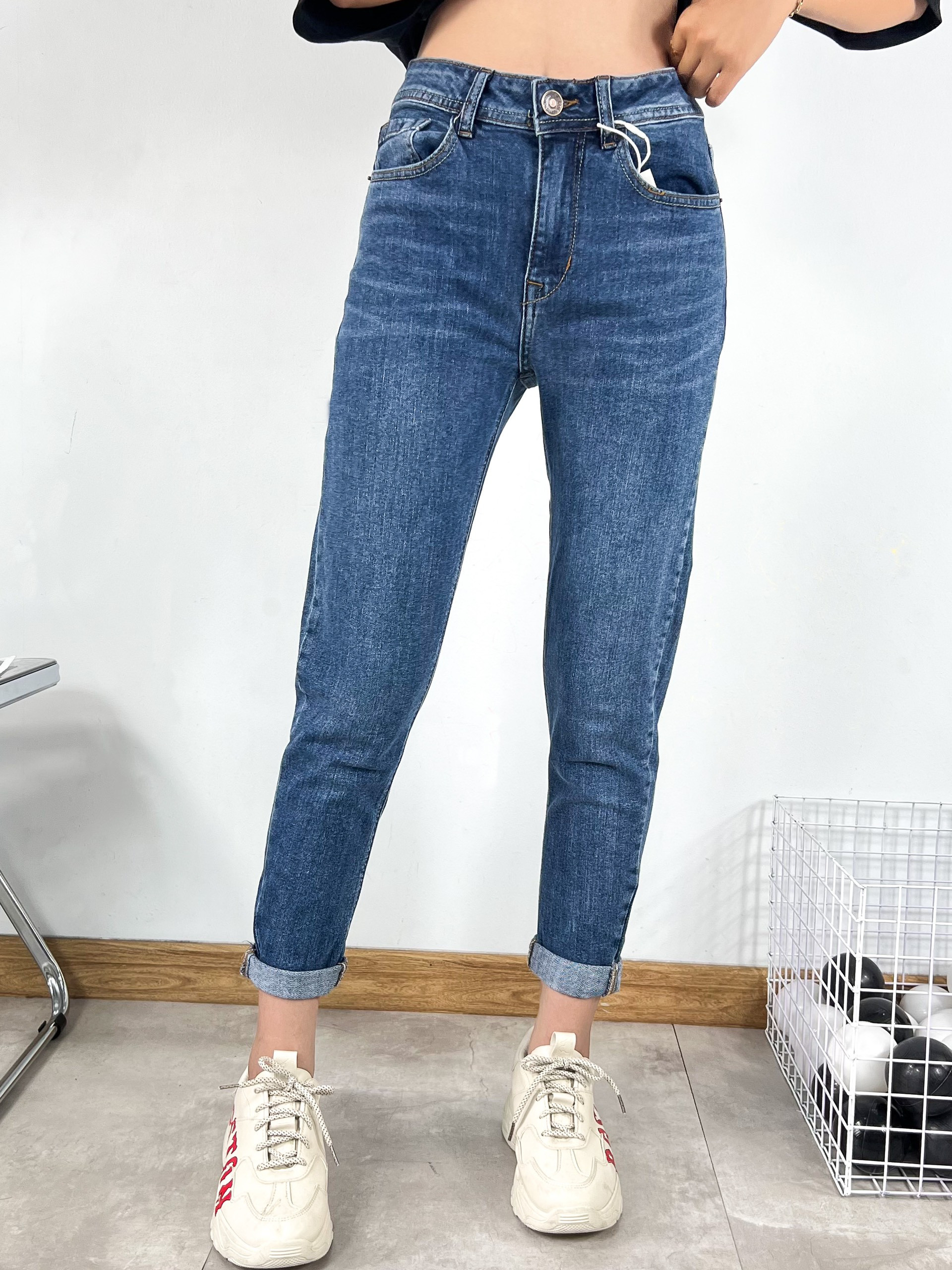 Quần jean nữ boyfriend baggy trơn dài co giãn HQJEANS