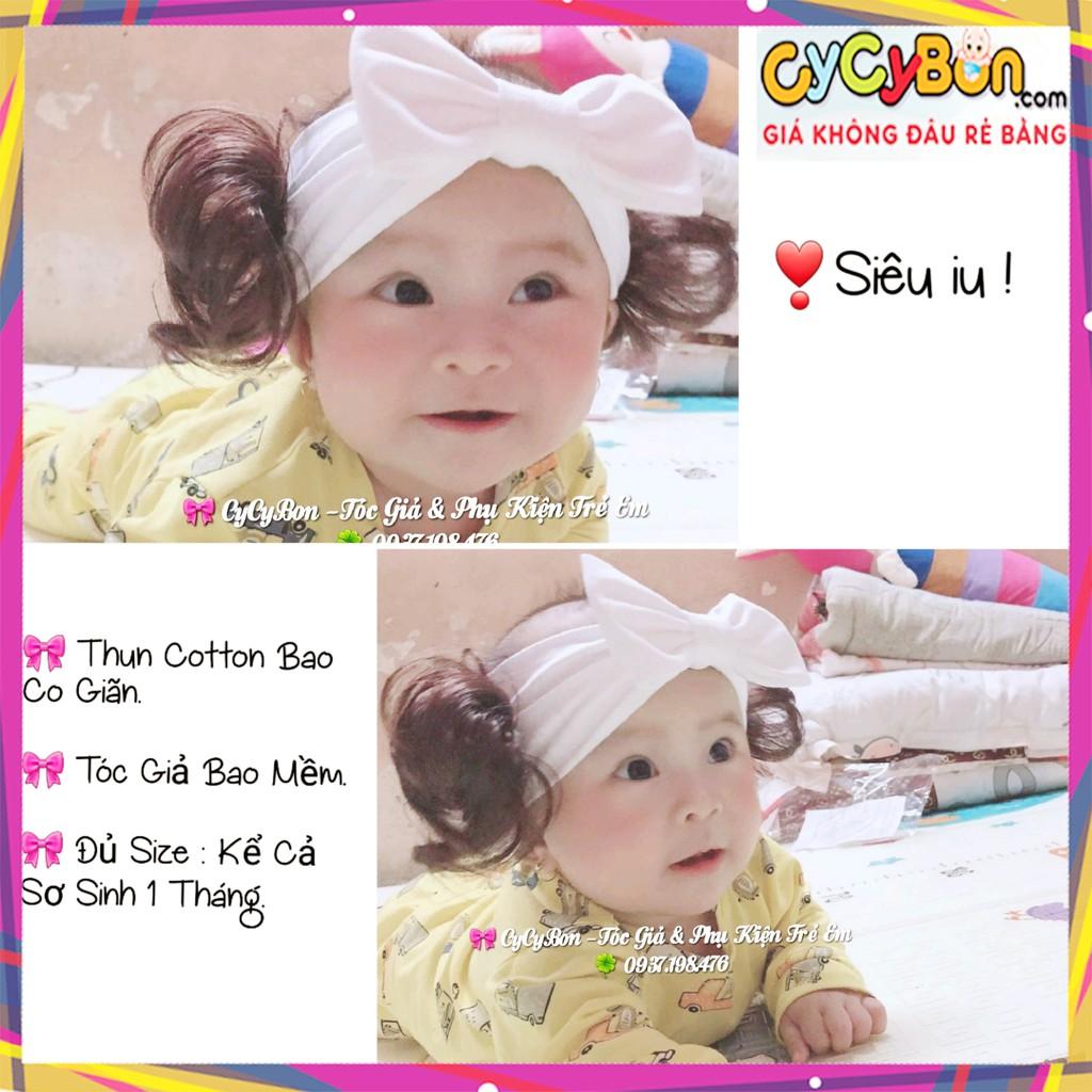 Băng Đô Turban Chất Vải Thun Cotton Đính Nơ Trắng Phối Tóc Giả Hai Bên  Cho Bé Gái