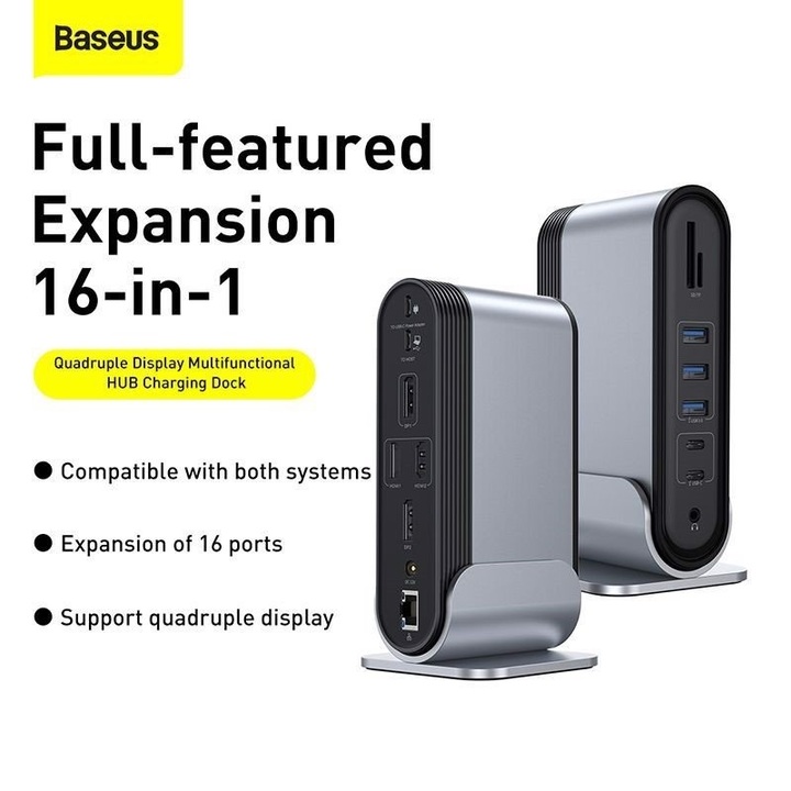 Hub chuyển đổi đa năng 16 trong 1 thương hiệu Baseus CAHUB-BG0G  (Type C*4 / HDMI / VGA / RJ-45 Gigabit / SD,TF Card / USB3.0*3/ USB2.0*2/ Audio AUX 3.5mm/ DC 12V) - Hàng Nhập Khẩu