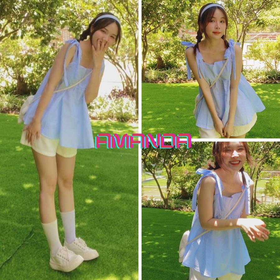 {ẢNH THẬT}Set áo xanh nơ vai kèm kèm quần chun trắng.Set bộ xanh babydoll