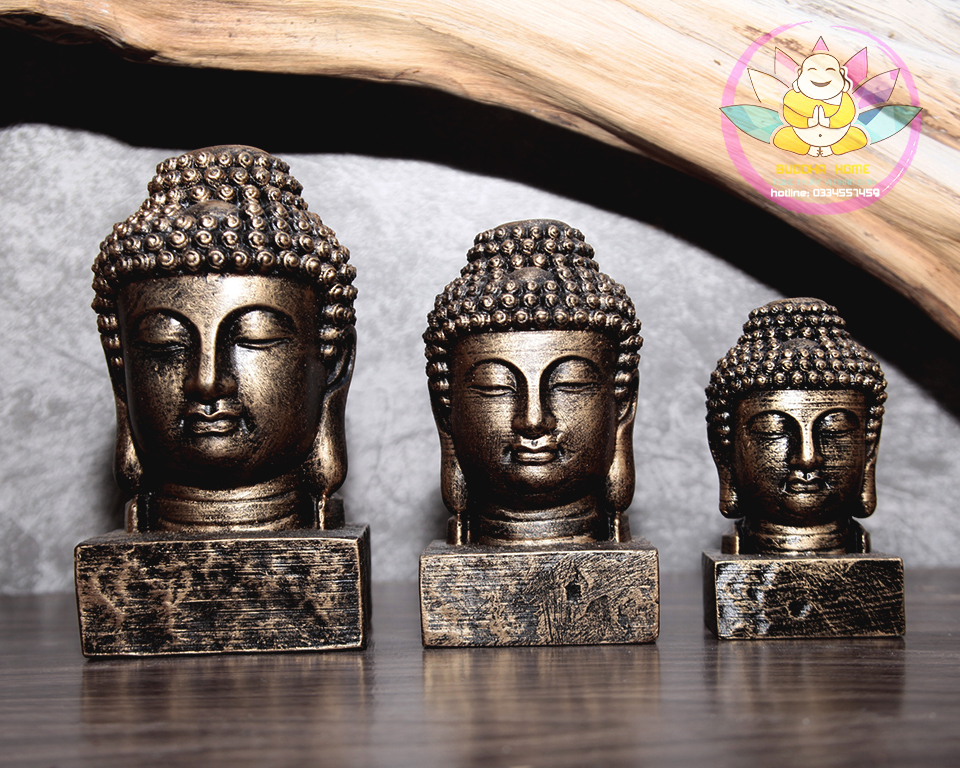 Tượng đầu Phật Thích Ca Mâu Ni trang trí màu vàng đồng size nhỏ- trung- lớn