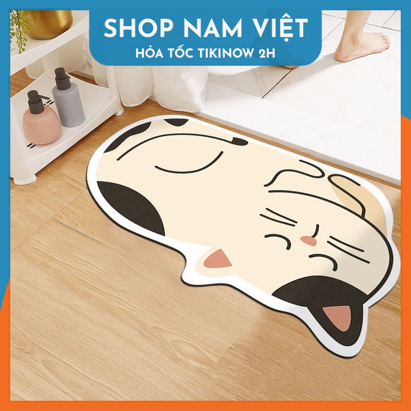 Thảm Chùi Chân 4 Lớp Siêu Thấm Hút - Họa Tiết Hoạt Hình - Chính Hãng Navivu - Mèo Nằm Ngủ