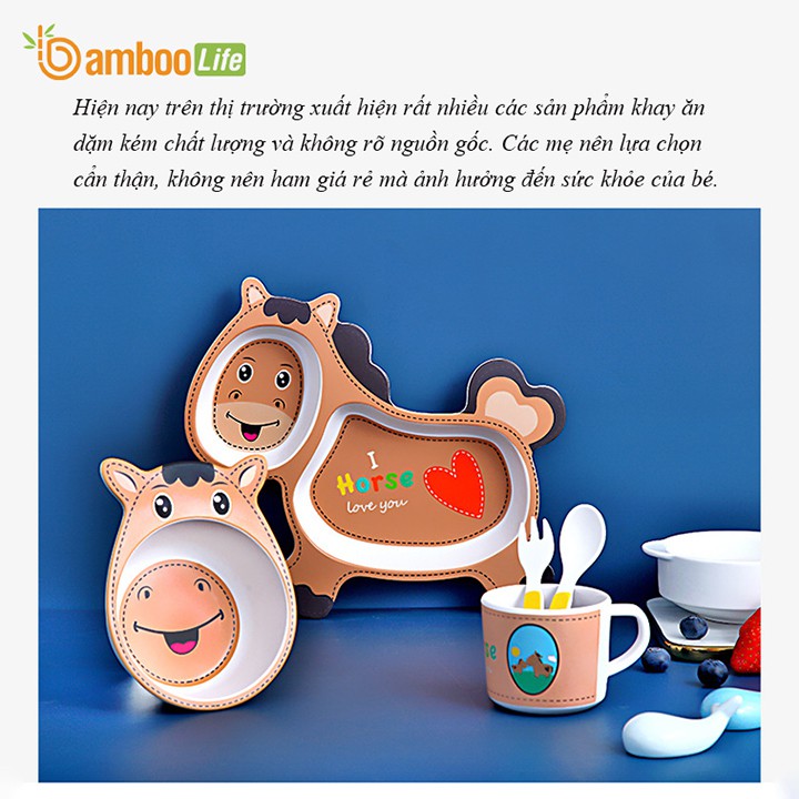 Khay ăn dặm sợi tre Bamboo Life an toàn cho bé- Bộ chén ăn dặm cao cấp 5 chi tiết thìa, dĩa, khay, bát, cốc- BL035